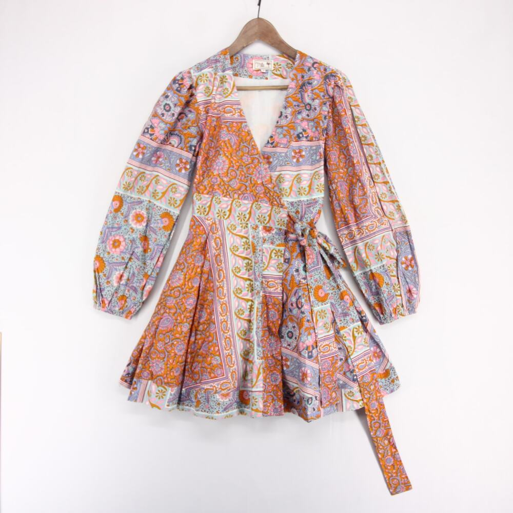 Mille Nan Wrap Dress Womens S Multicolor Floral Long Sleeve Cotton V Neck Mini